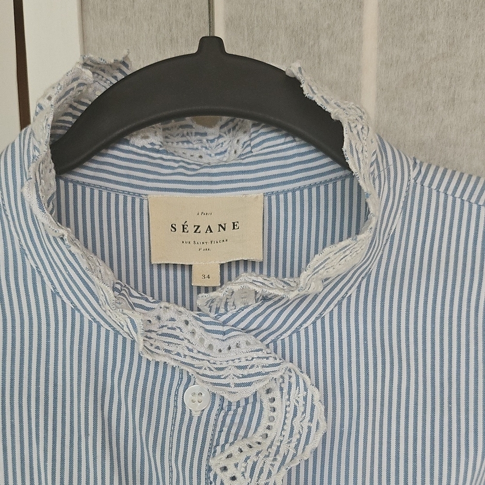 Navy Striped Women's Blouse with Ruffle Detail - Picture 2 of 11